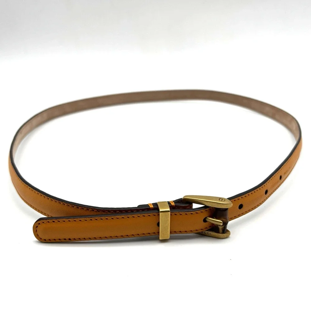 Authentic GUCCI 339065 Marigold Leather Bamboo Buckle Skinny Belt 36 Italy $449
